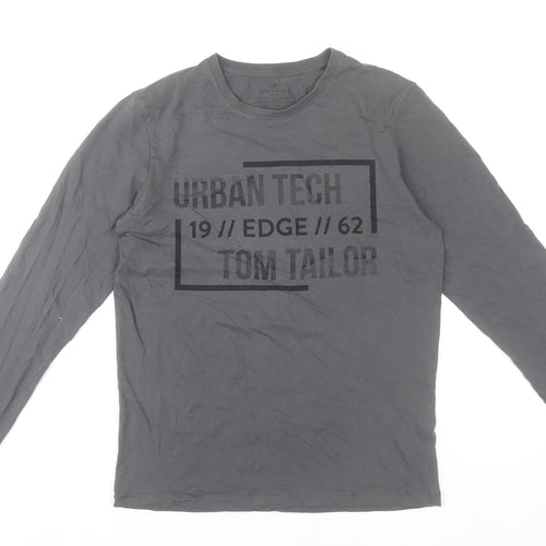 Tom Tailor Men Grey Small Long Sleeve Cotton Graphic T-Shirt