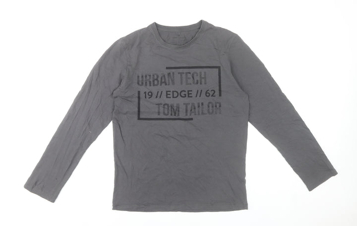 Tom Tailor Men Grey Small Long Sleeve Cotton Graphic T-Shirt