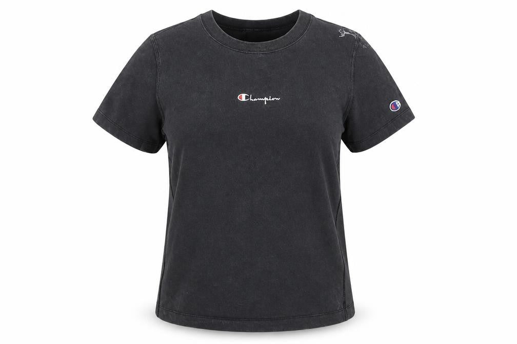 Front view of Champion Women Black Medium Basic Cotton Short Sleeve T-Shirt