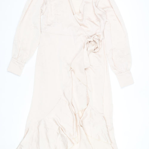 New Look Women Beige Wrap Midi Dress Size 10 Long Sleeve Ruffle