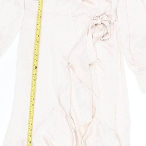 New Look Women Beige Wrap Midi Dress Size 10 Long Sleeve Ruffle