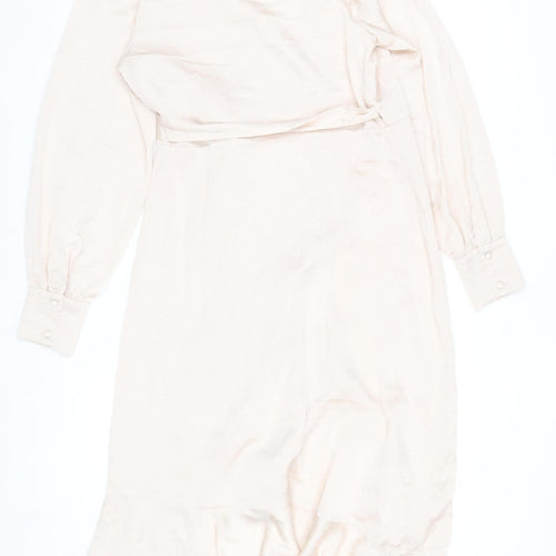 New Look Women Beige Wrap Midi Dress Size 10 Long Sleeve Ruffle