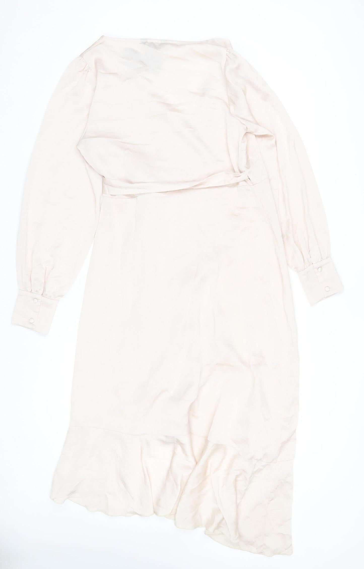 New Look Women Beige Wrap Midi Dress Size 10 Long Sleeve Ruffle