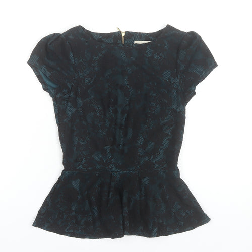 Almari Women’s Blue Floral Jacquard Peplum Blouse Size 8