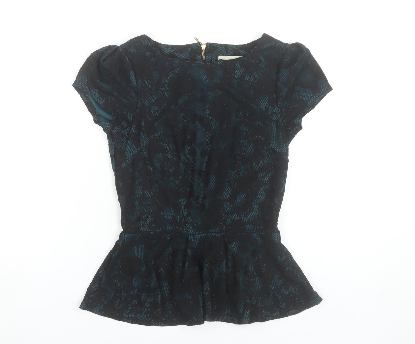 Almari Women’s Blue Floral Jacquard Peplum Blouse Size 8