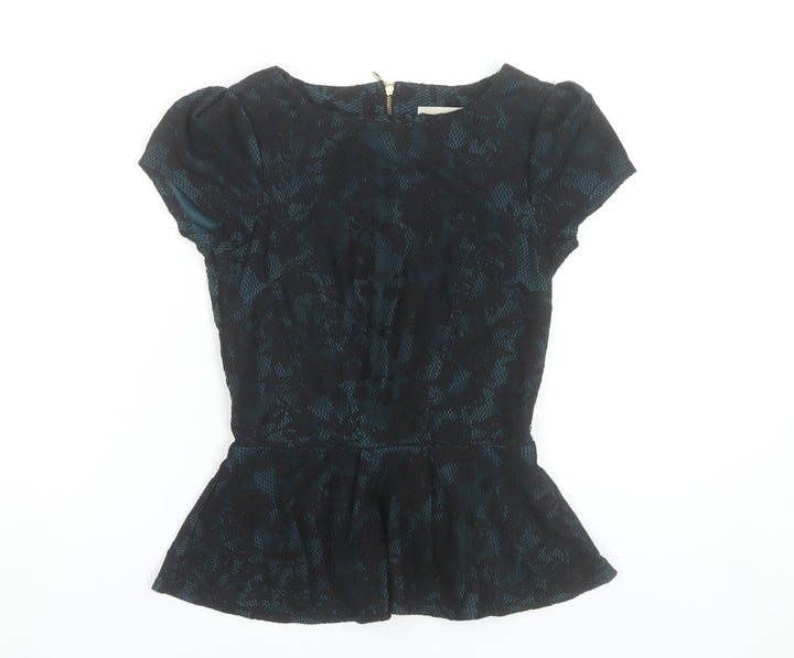 Almari Women’s Blue Floral Jacquard Peplum Blouse Size 8