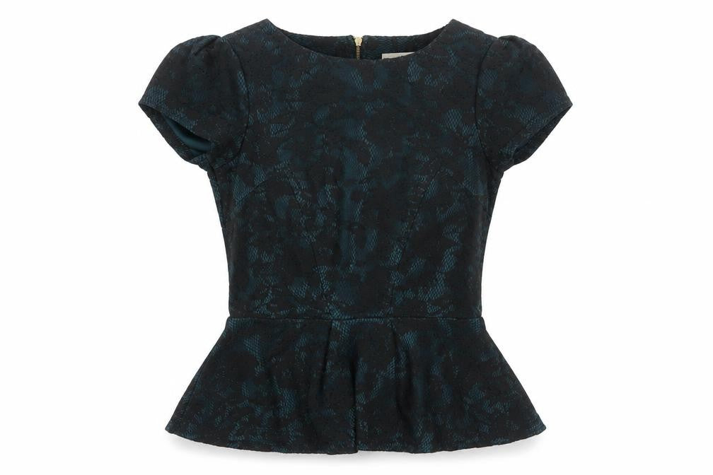 Almari Women’s Blue Floral Jacquard Peplum Blouse Size 8