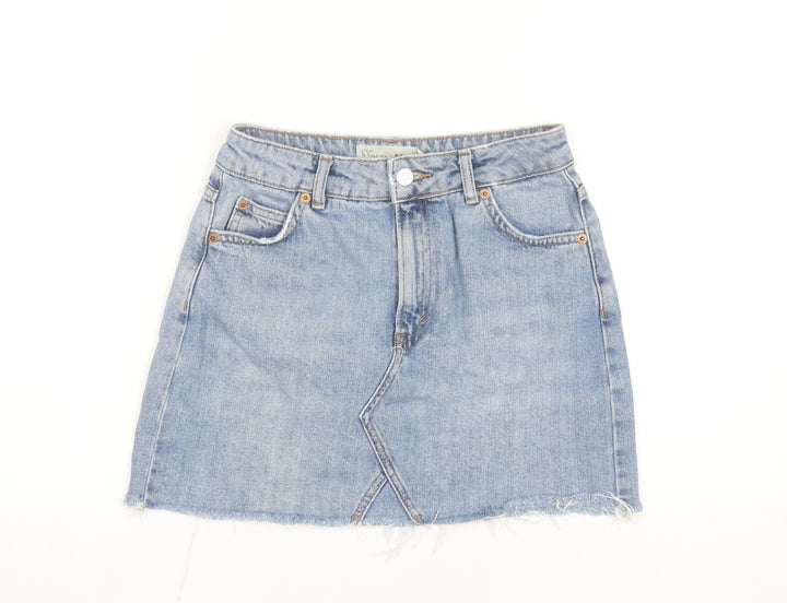Topshop Women Blue Size 8 Mini Denim Skirt Pockets Fringe