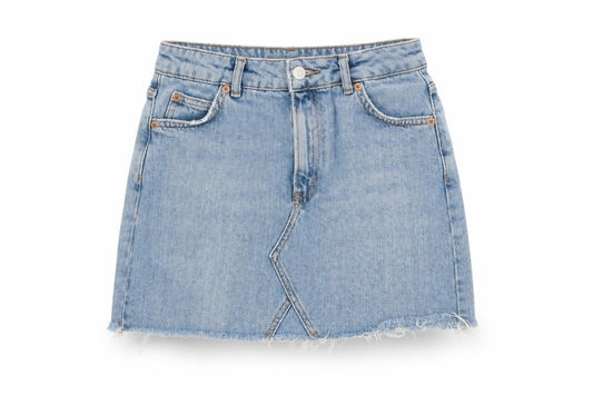 Front view of Topshop Women Blue, size 8, Mini Denim Skirt Pockets Fringe