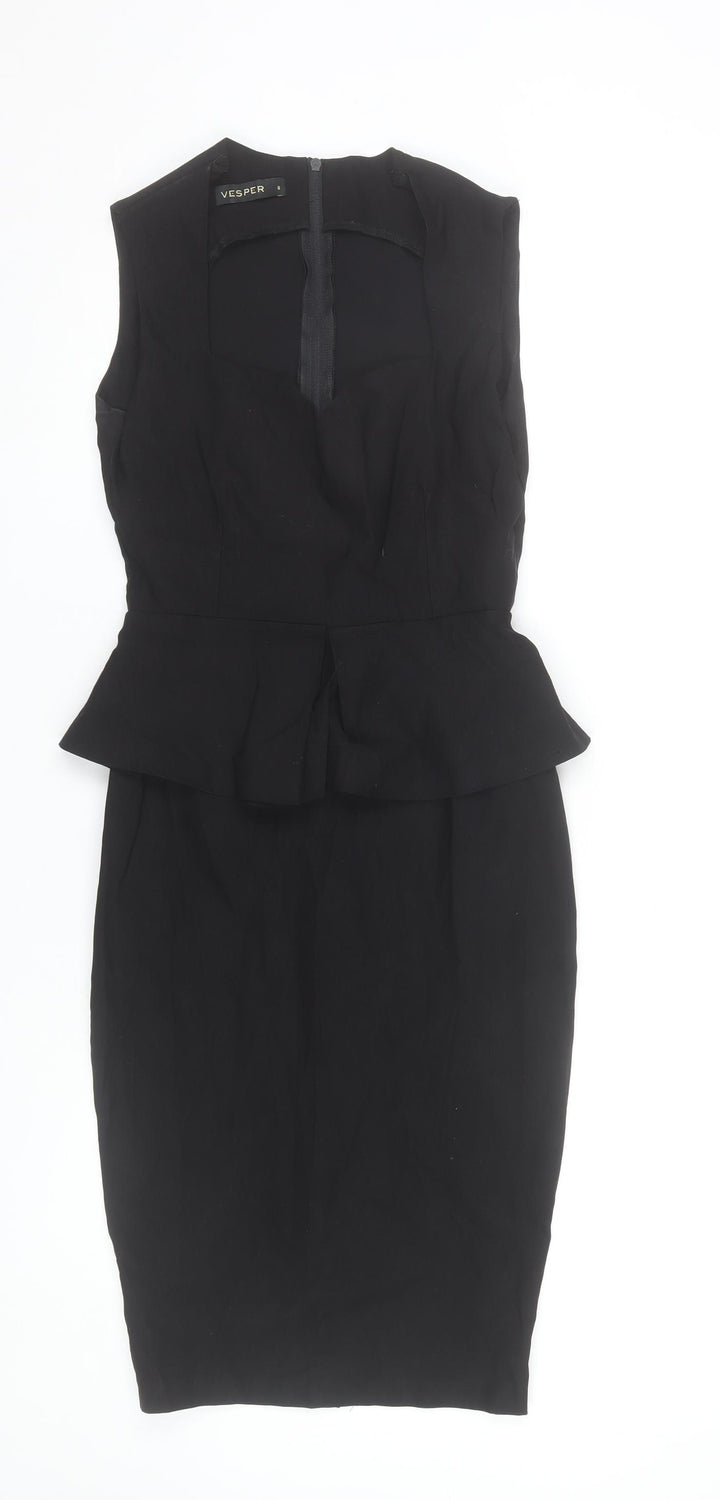 Vesper Women's Black Size 8 Peplum Pencil Dress Sleeveless Knee Length