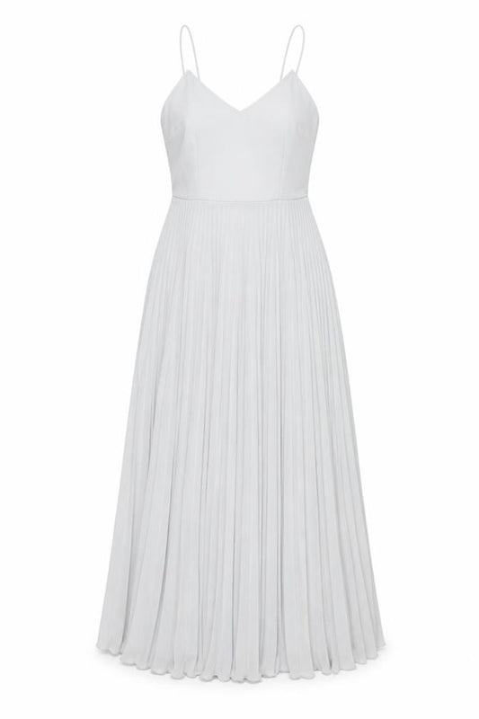 Front view of ASOS Women’s Grey, size UK 8, Midi Pleated Slip Dress V-Neck