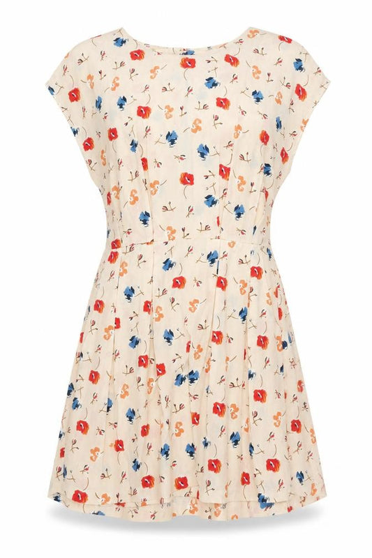 Front view of Glamorous Women’s Beige Floral A-Line Short Sleeveless Dress, size UK 12