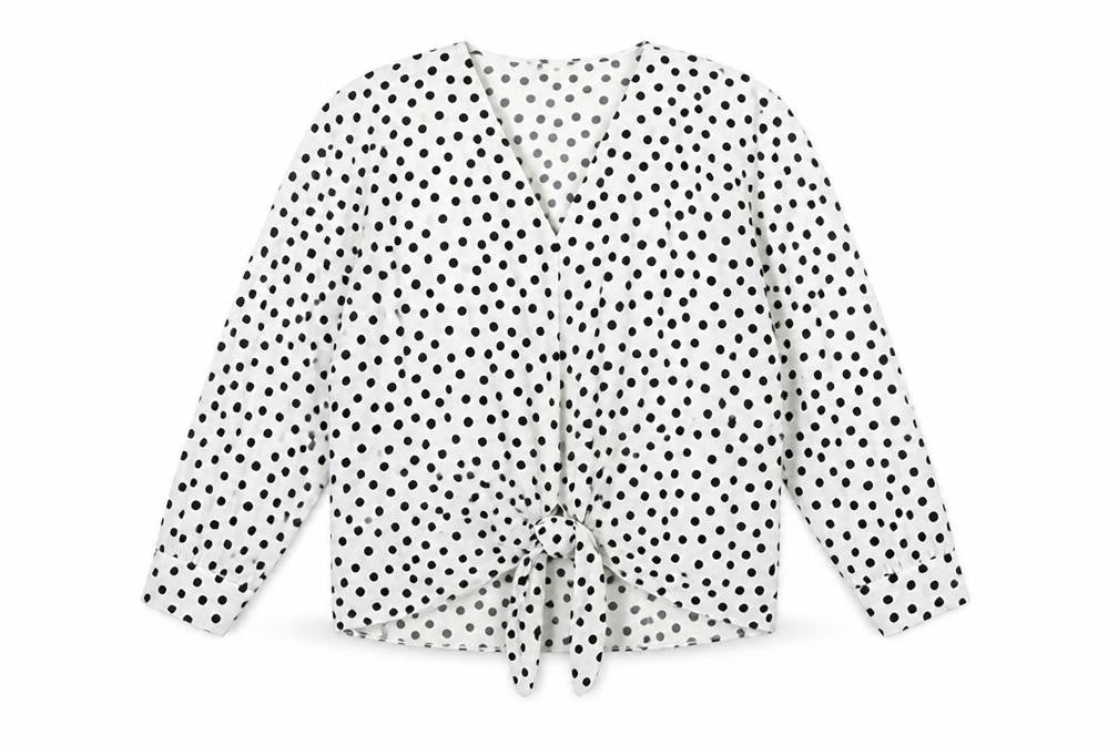 Front view of Primark Women’s White Polka Dot Wrap Blouse, size UK 10, Long Sleeve