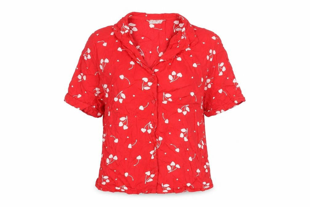 Front view of New Look women’s red floral collared pyjama shirt top, size UK 8
