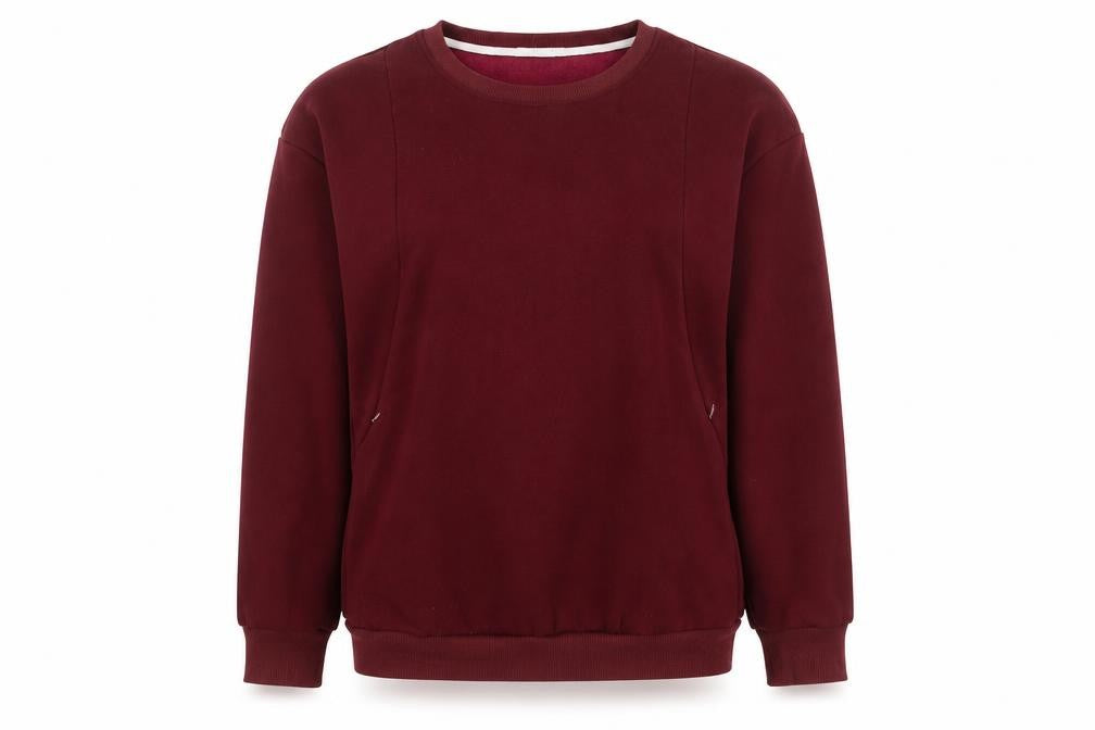 Front view of Smallshow women’s red crew neck jumper m long sleeve pockets