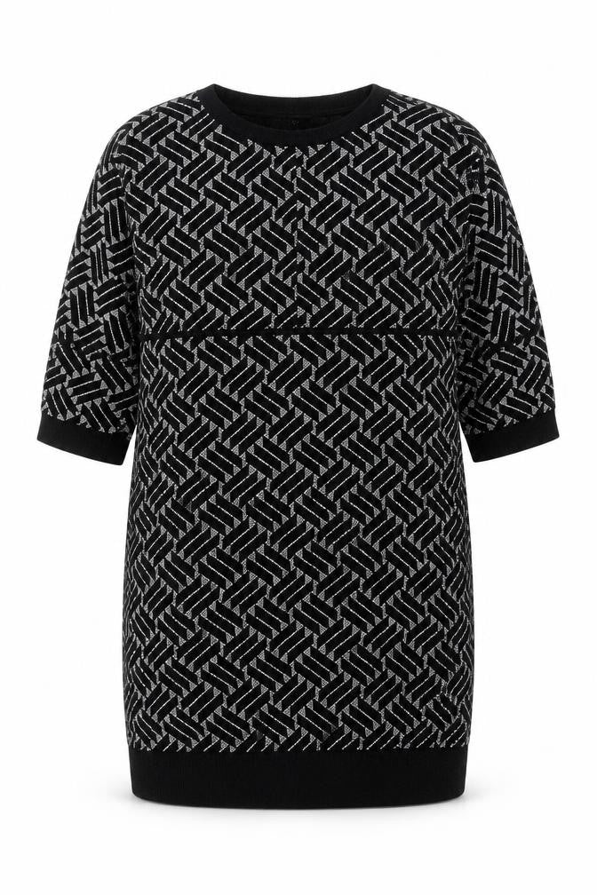 Front view of Soon women’s black geometric jumper, size UK 14, crew neck