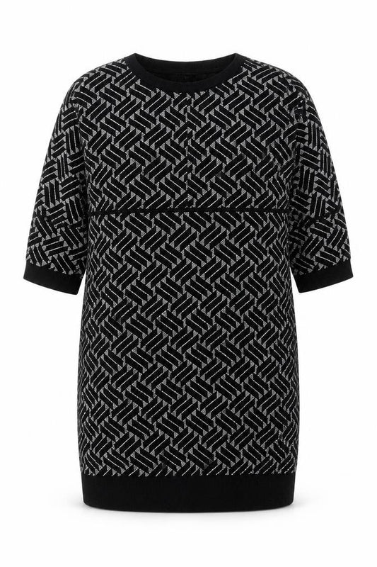 Front view of Soon women’s black geometric jumper, size UK 14, crew neck