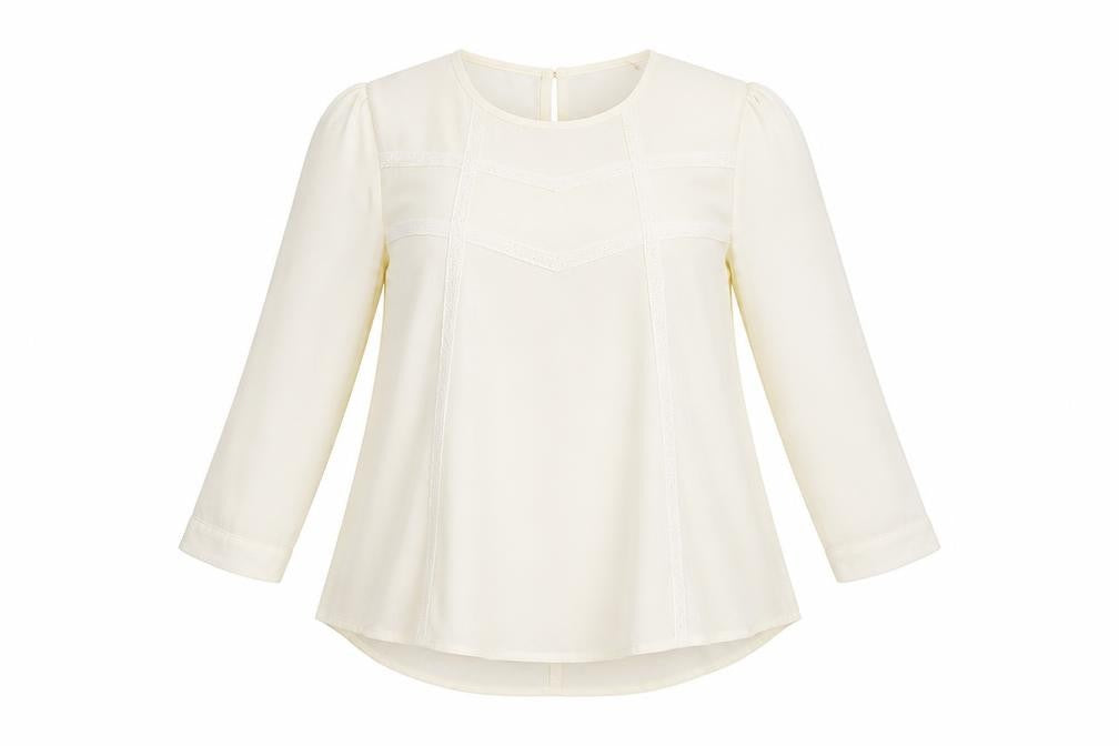 Front view of Elodie women’s ivory blouse, size M, 3/4 sleeve tunic top