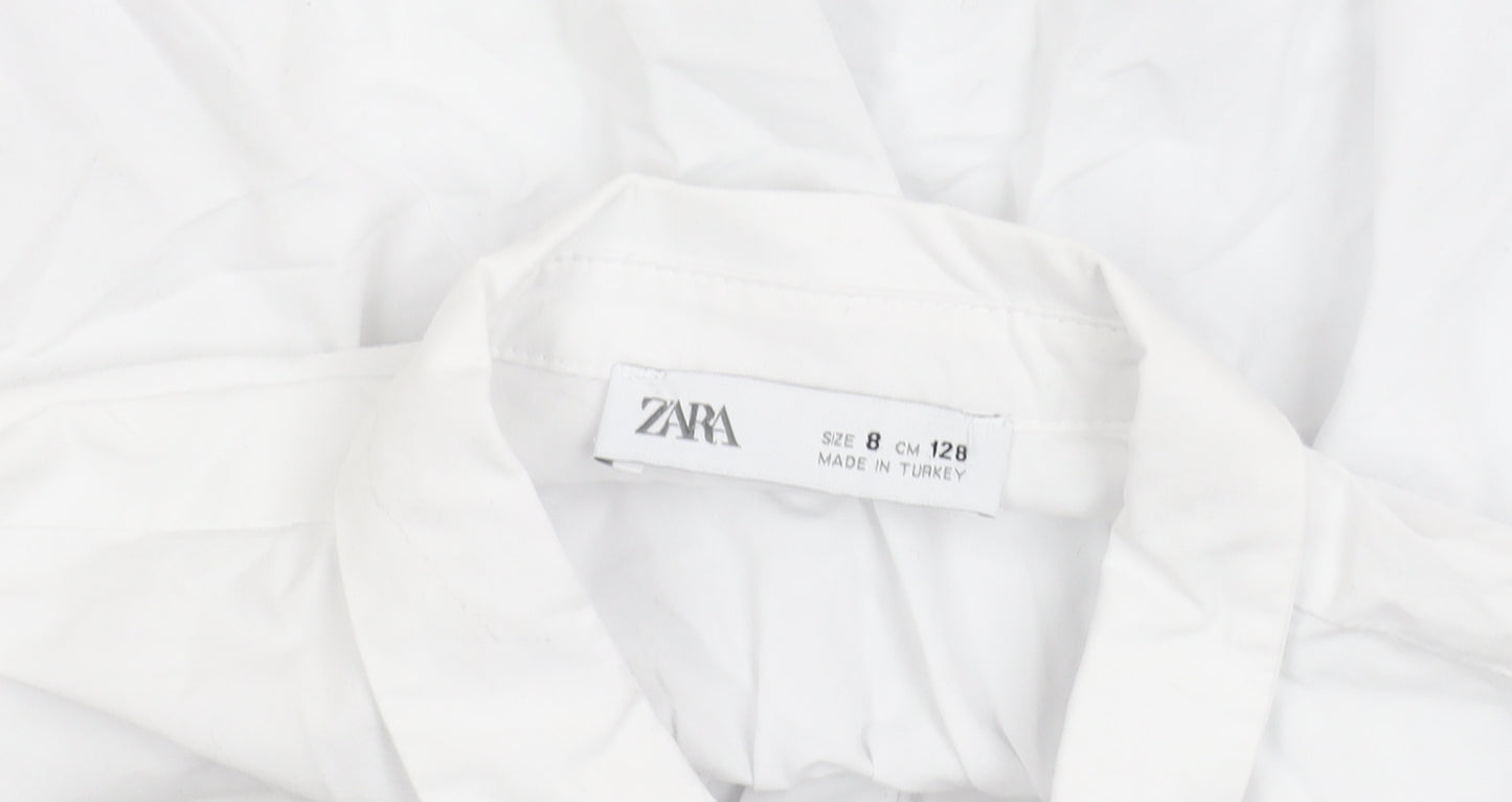 Zara Girls White Cotton Collared Button-Up Shirt 8 Years Long Sleeve