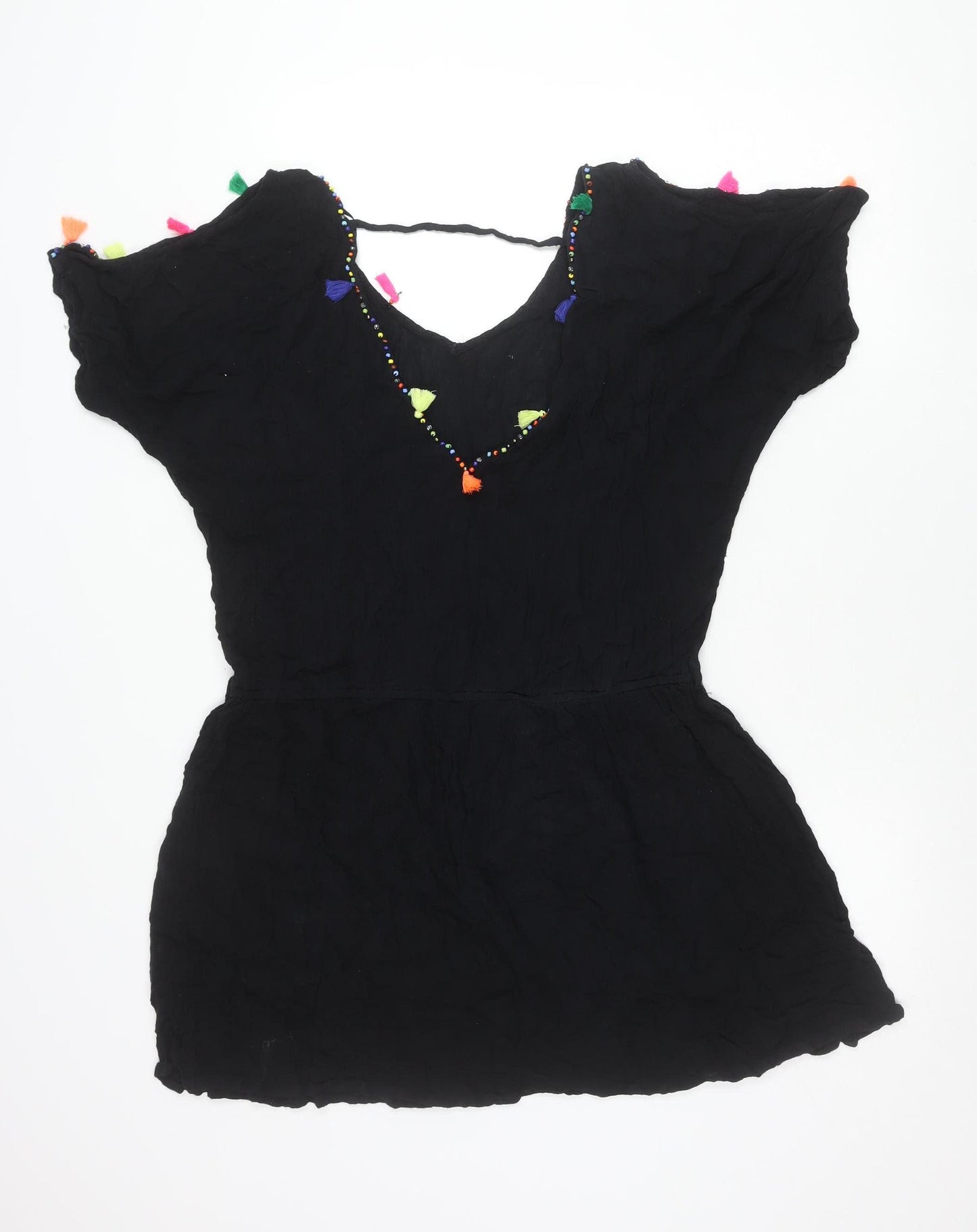 Papaya Women’s Black L Kaftan Dress Beaded Tassel Lightweight Viscose