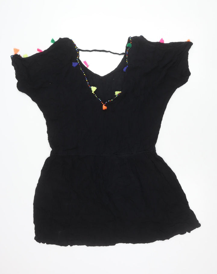 Papaya Women’s Black L Kaftan Dress Beaded Tassel Lightweight Viscose
