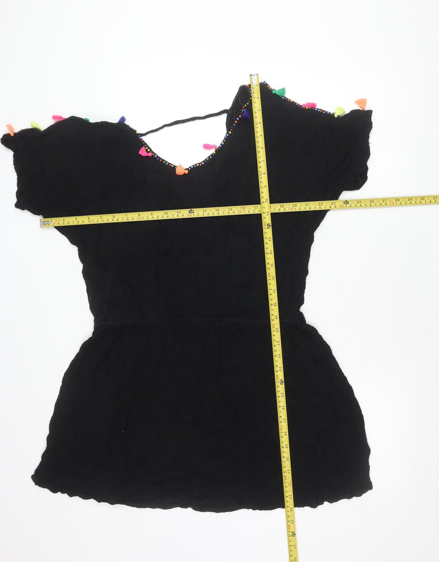 Papaya Women’s Black L Kaftan Dress Beaded Tassel Lightweight Viscose
