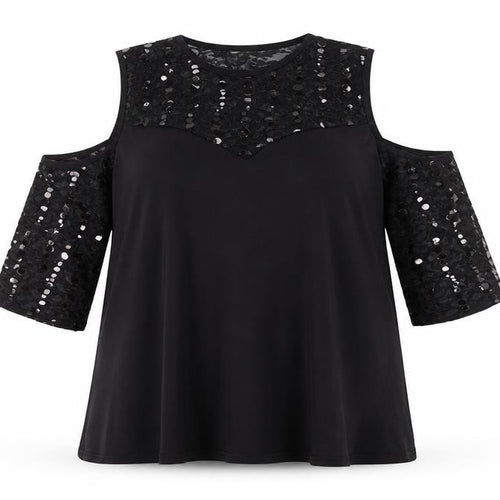 Bella Moda Women’s Black Plus Size 16 Tunic Blouse Sequin Lace 3/4 Sleeve