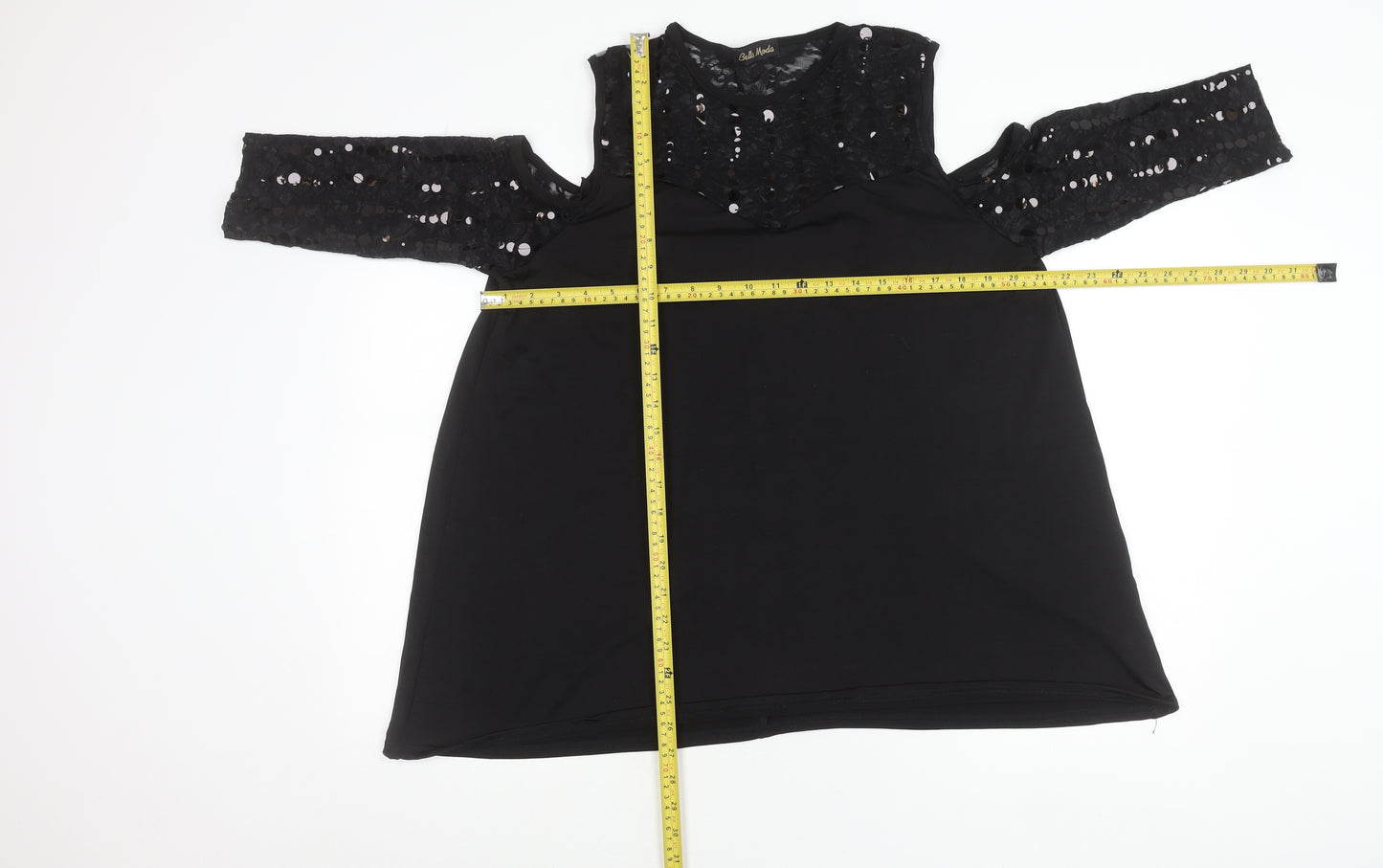 Bella Moda Women’s Black Plus Size 16 Tunic Blouse Sequin Lace 3/4 Sleeve