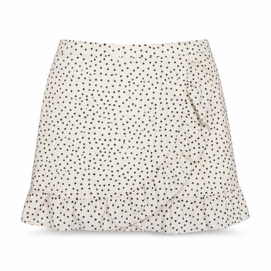 Front view of PRETTYLITTLETHING Women’s Beige Polka Dot Wrap Skirt, size UK 16
