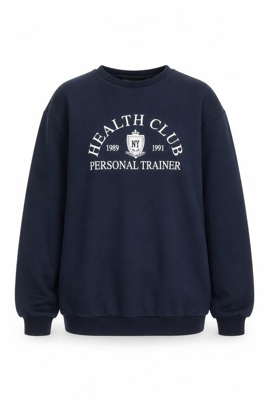 Front view of ASOS DESIGN women’s blue pullover sweatshirt, size UK 12, uk graphic logo