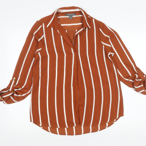 Primark Women Brown Striped Button-Up Shirt Size 10 Long Sleeve