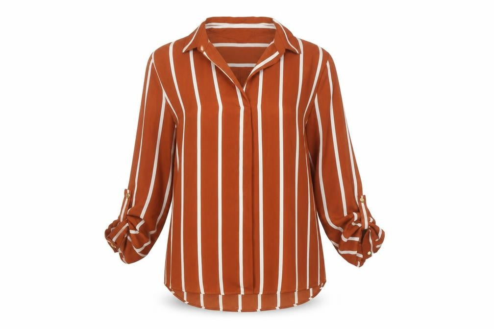 Front view of Primark Women Brown Striped Button-Up Shirt, size 10, Long Sleeve