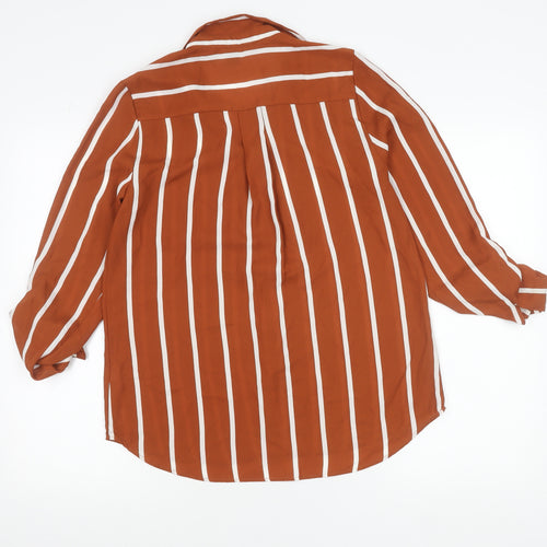 Primark Women Brown Striped Button-Up Shirt Size 10 Long Sleeve