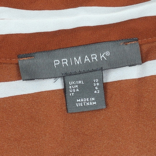 Primark Women Brown Striped Button-Up Shirt Size 10 Long Sleeve