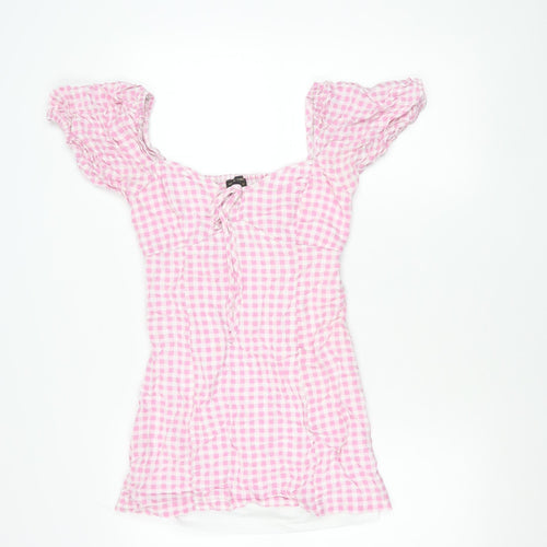 Mystic Threads Women Pink Check Skater Dress Size S Puff Sleeve