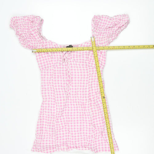 Mystic Threads Women Pink Check Skater Dress Size S Puff Sleeve