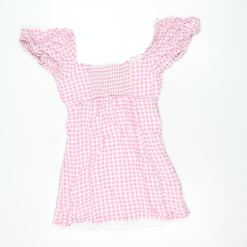 Mystic Threads Women Pink Check Skater Dress Size S Puff Sleeve