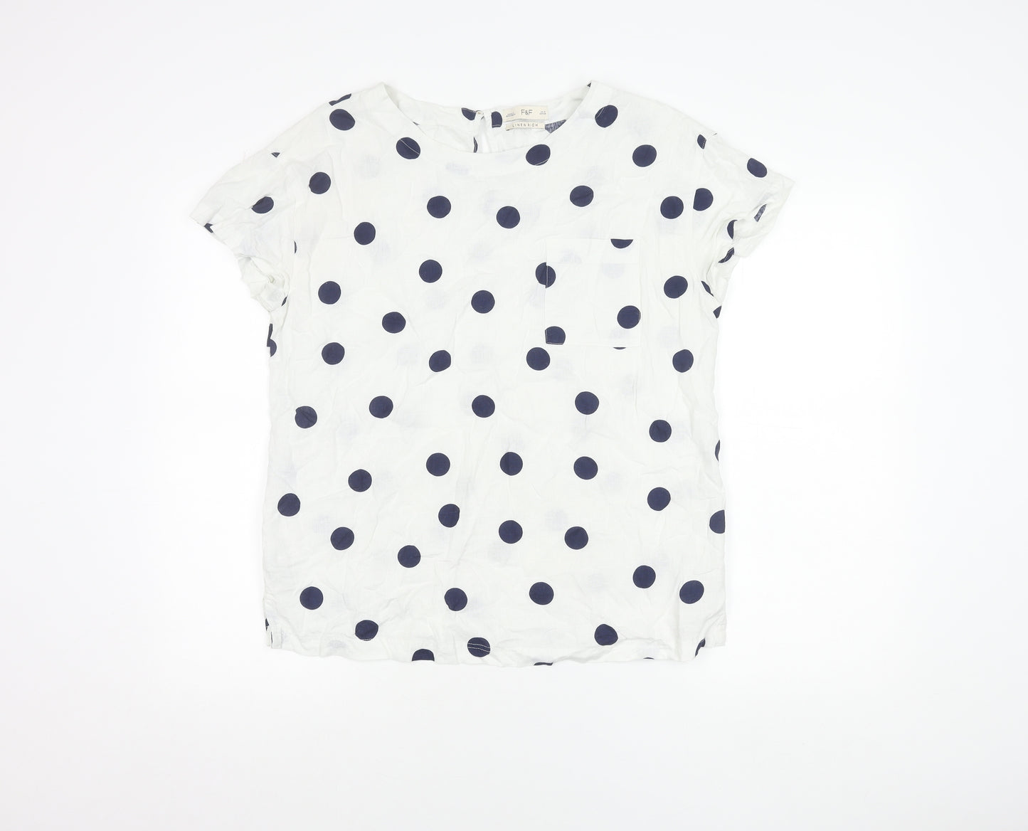 F&F Women’s White Polka Dot Linen Blend Short Sleeve Blouse UK 10