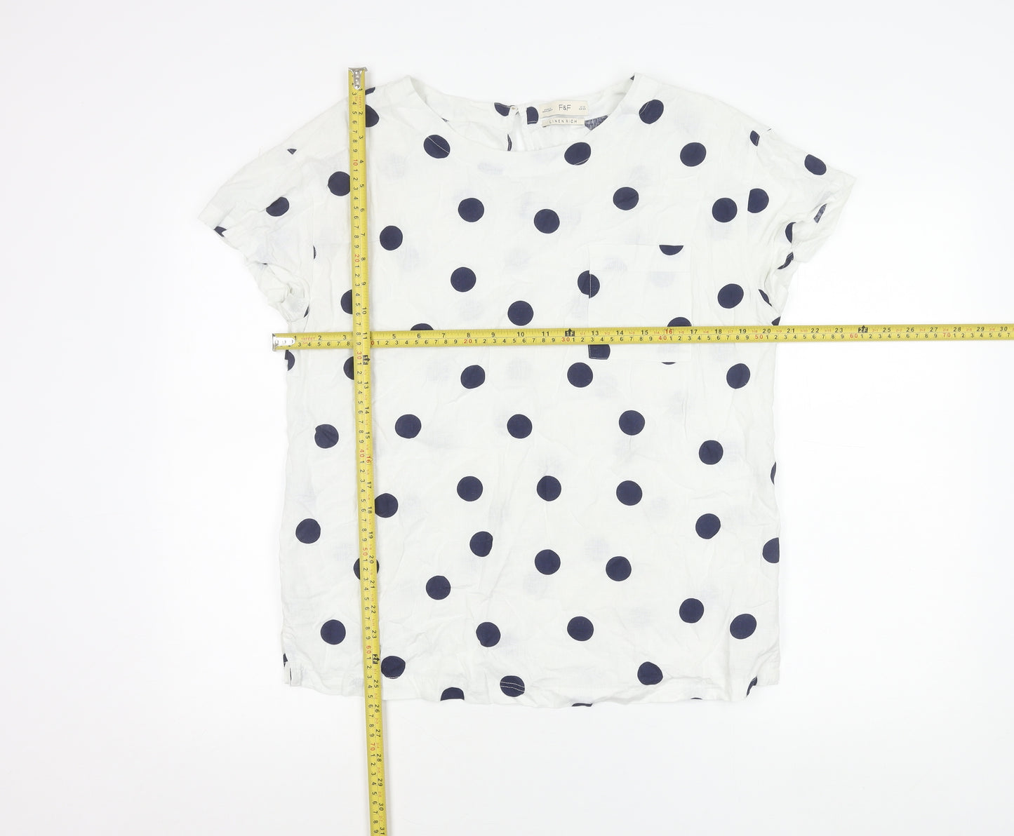 F&F Women’s White Polka Dot Linen Blend Short Sleeve Blouse UK 10