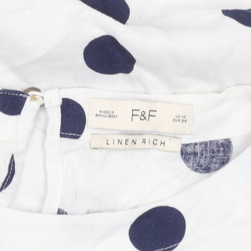 F&F Women’s White Polka Dot Linen Blend Short Sleeve Blouse UK 10
