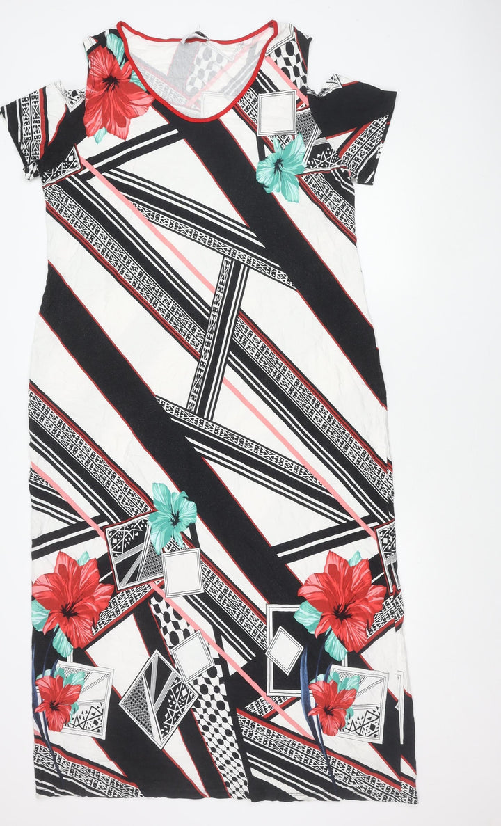 Dina Women’s Black White Red Green Floral Geometric Shift Dress Size 4