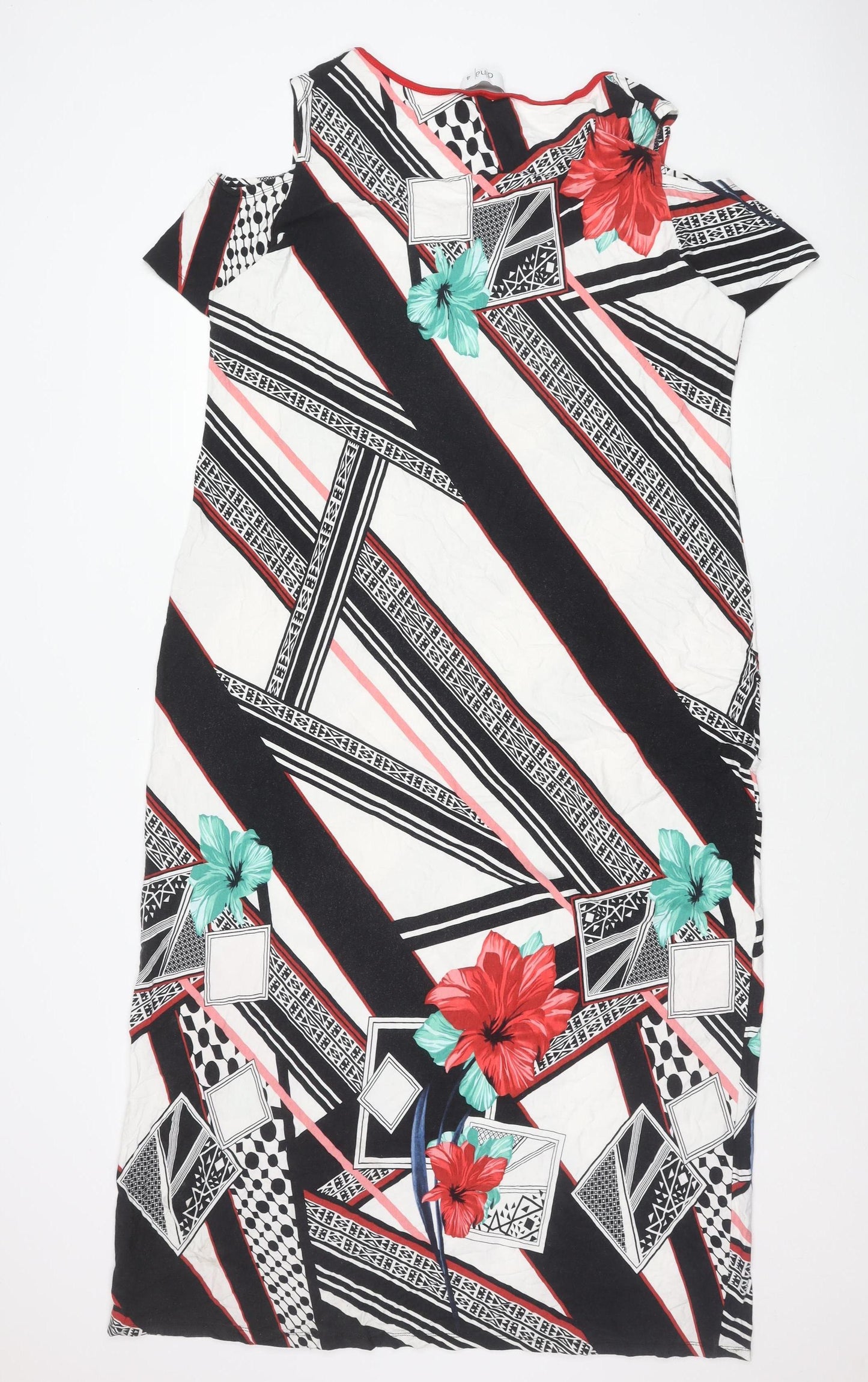Dina Women’s Black White Red Green Floral Geometric Shift Dress Size 4