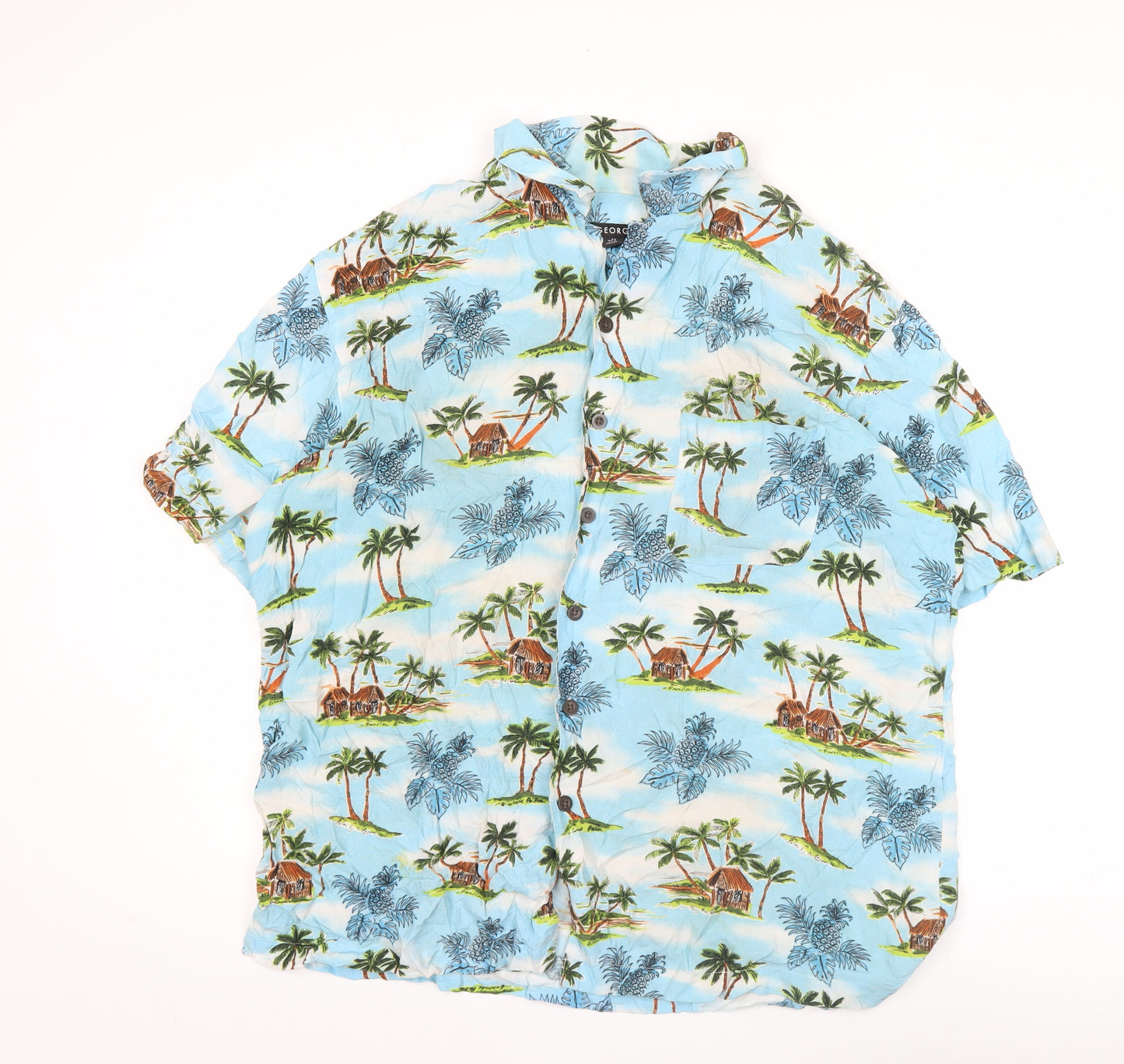 George Men's Blue Hawaiian Short Sleeve Button-Up Shirt L 42-44