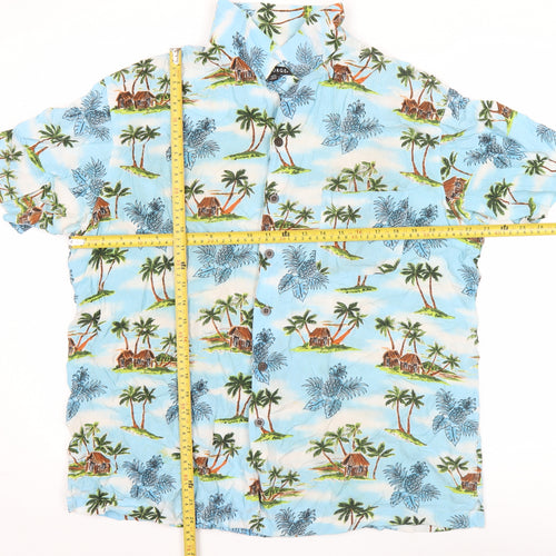 George Men's Blue Hawaiian Short Sleeve Button-Up Shirt L 42-44