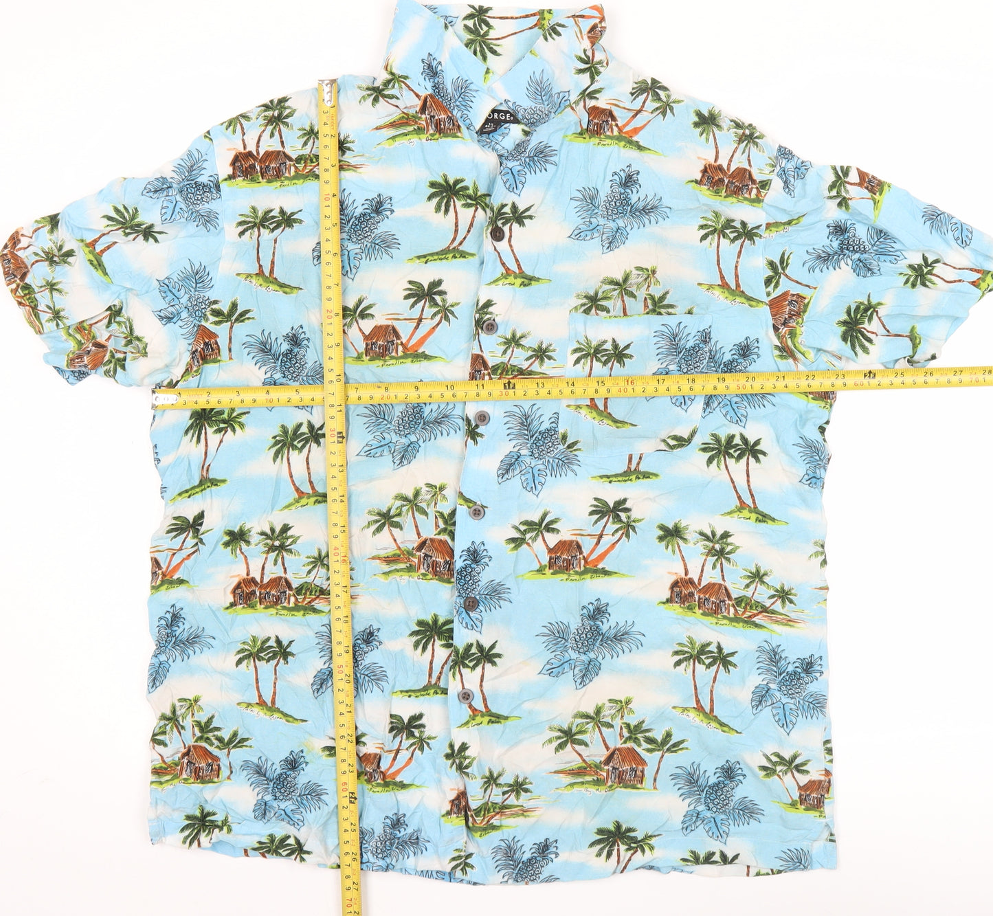 George Men's Blue Hawaiian Short Sleeve Button-Up Shirt L 42-44