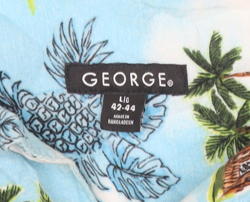 George Men's Blue Hawaiian Short Sleeve Button-Up Shirt L 42-44