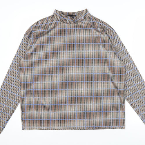Pull&Bear Women’s Brown Check Mock Neck Long Sleeve Blouse M