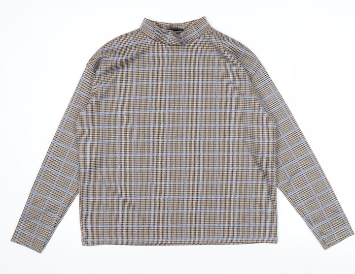 Pull&Bear Women’s Brown Check Mock Neck Long Sleeve Blouse M