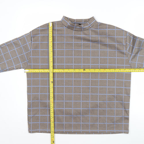 Pull&Bear Women’s Brown Check Mock Neck Long Sleeve Blouse M