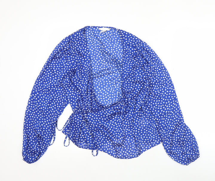 H&M Women’s Blue Polka Dot Wrap Blouse Size 8 Puff Sleeve